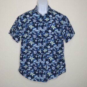 Denim & Flower*‎ Men's Short Sleeve Button Down Curved Hem Floral Shirt~ Large